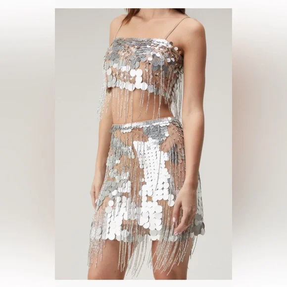 Nasty Gal Silver Sequin Fringe Two-Piece Set - Picture 4 of 6